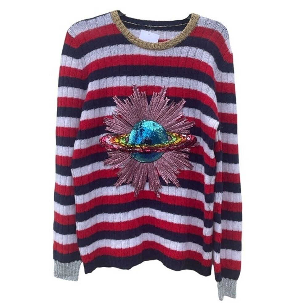 GUCCI MICHELE sweater 100% wool striped UFO sequins XL Women’s Designer 16 18 - Picture 10 of 10